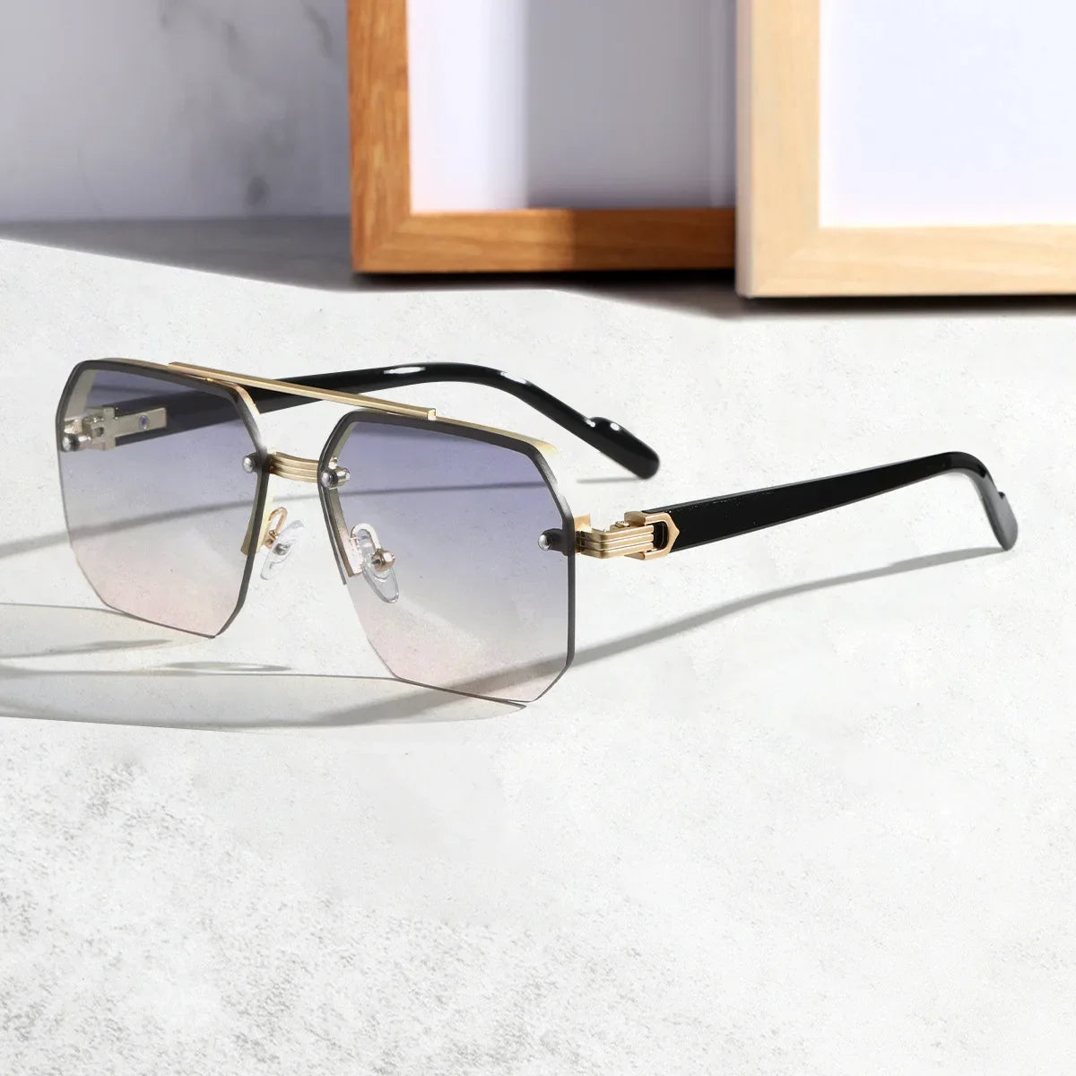 Frameless geometric hex sunglasses with UV400 gradient lenses and sleek minimalist metal bridge