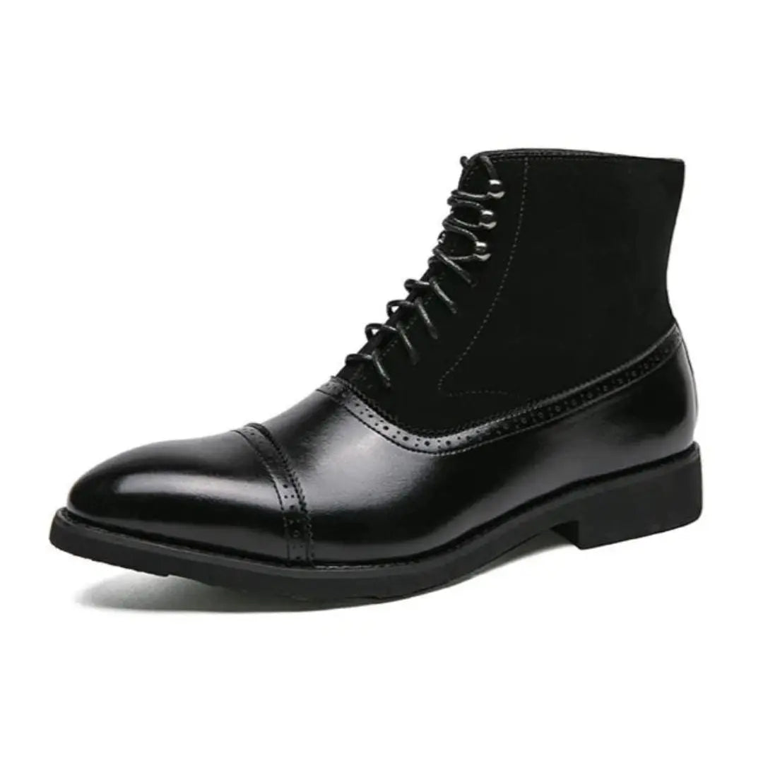 Men's brown leather suede cap toe dress boots with durable hybrid sole, boardroom-ready style