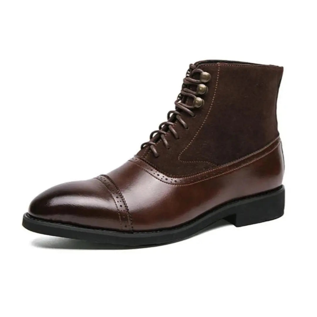 Men's brown leather suede cap-toe dress boots with durable hybrid sole, sleek boardroom-to-bar style