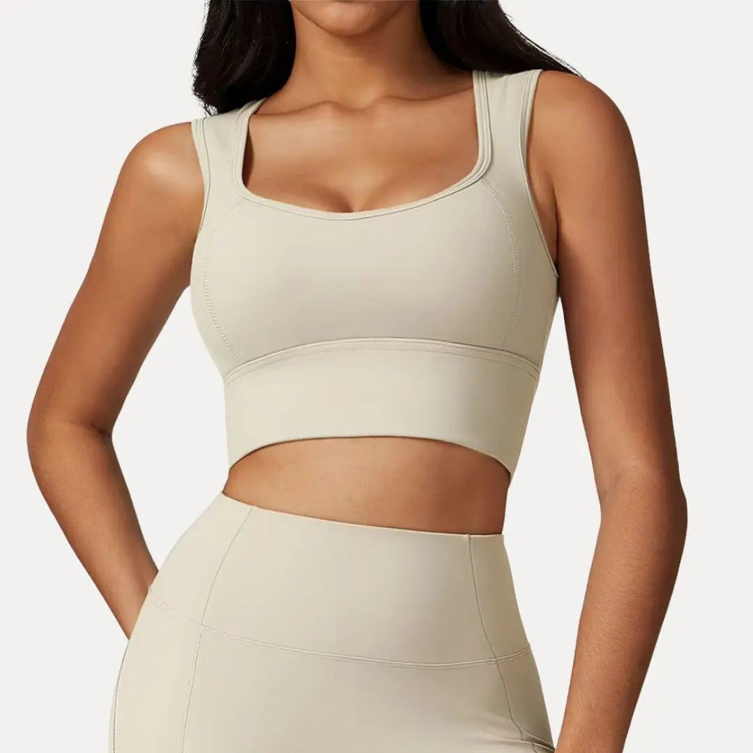 Women's open-back square neck crop tank top, moisture-wicking breathable activewear with supportive underband