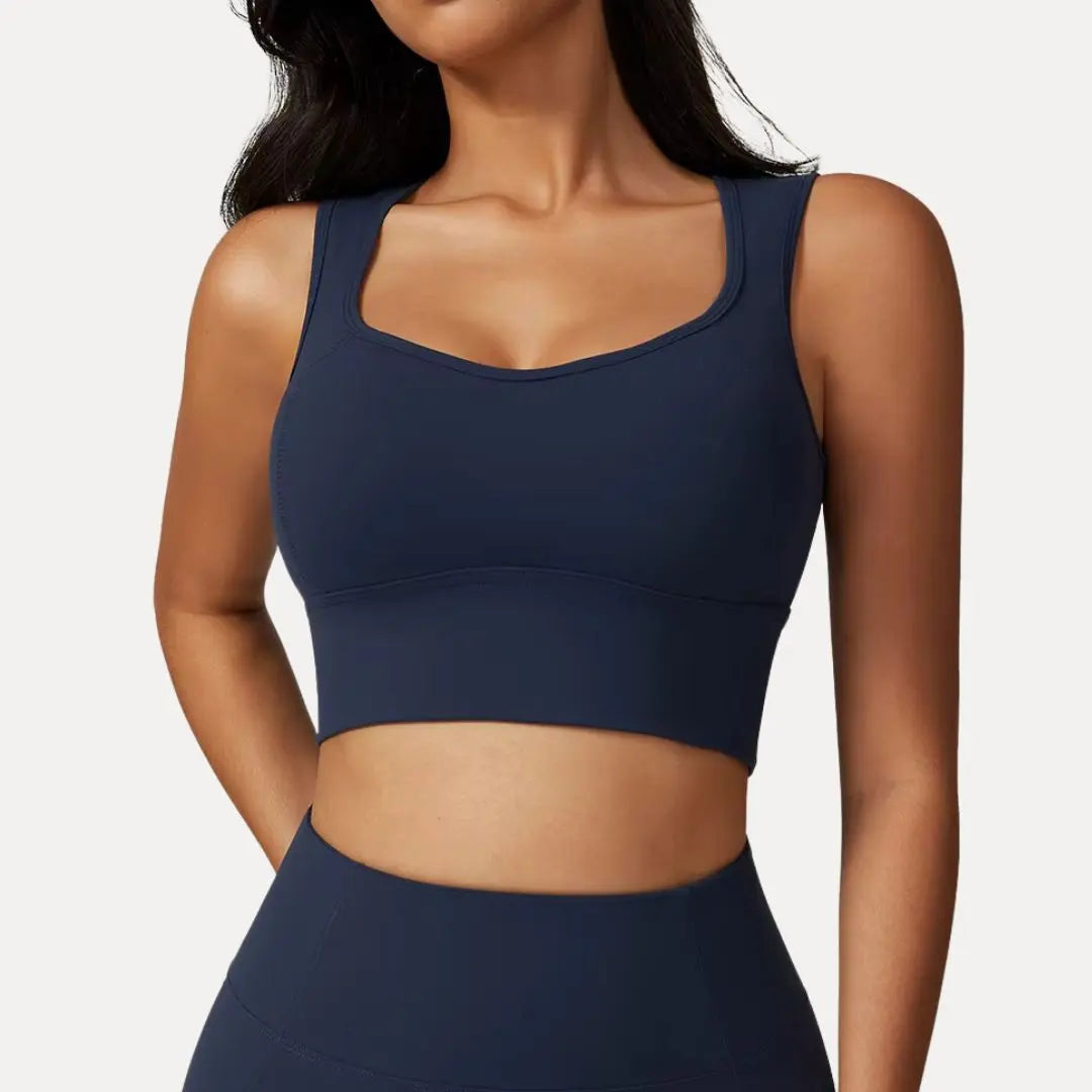 Women's open-back square neck crop tank top, moisture-wicking breathable design with supportive underband