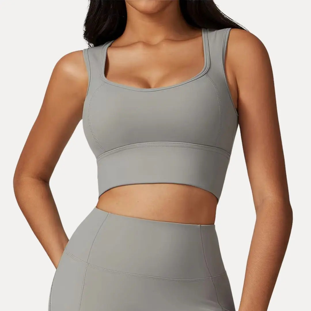 Women's open-back crop tank top, square neck, moisture-wicking, supportive underband, breathable workout style