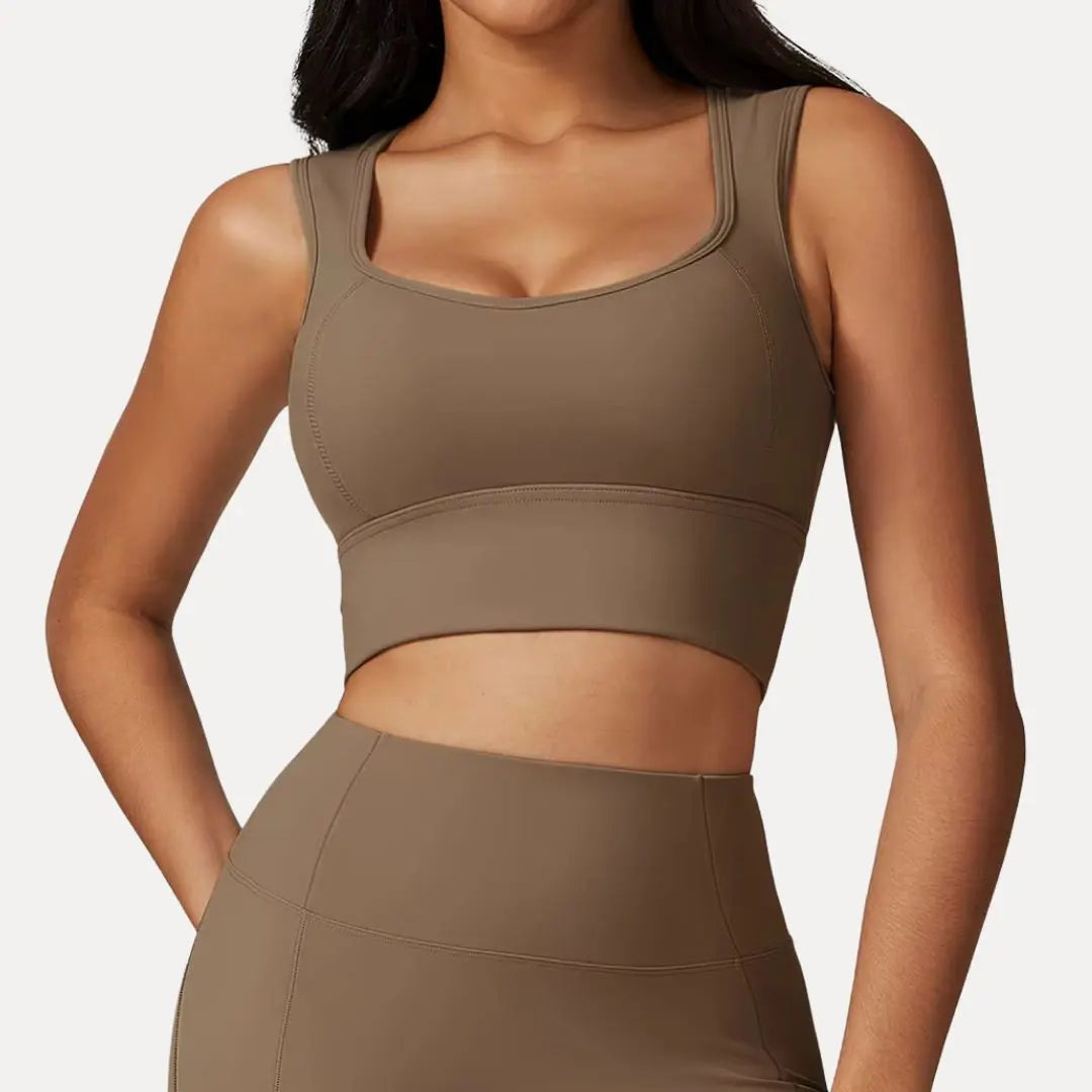 Women's open-back crop tank top, square neck, moisture-wicking, supportive underband, breathable workout style