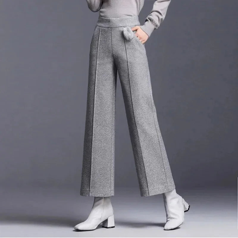 Women's high-rise wide-leg wool blend trousers tailored silhouette with subtle stretch