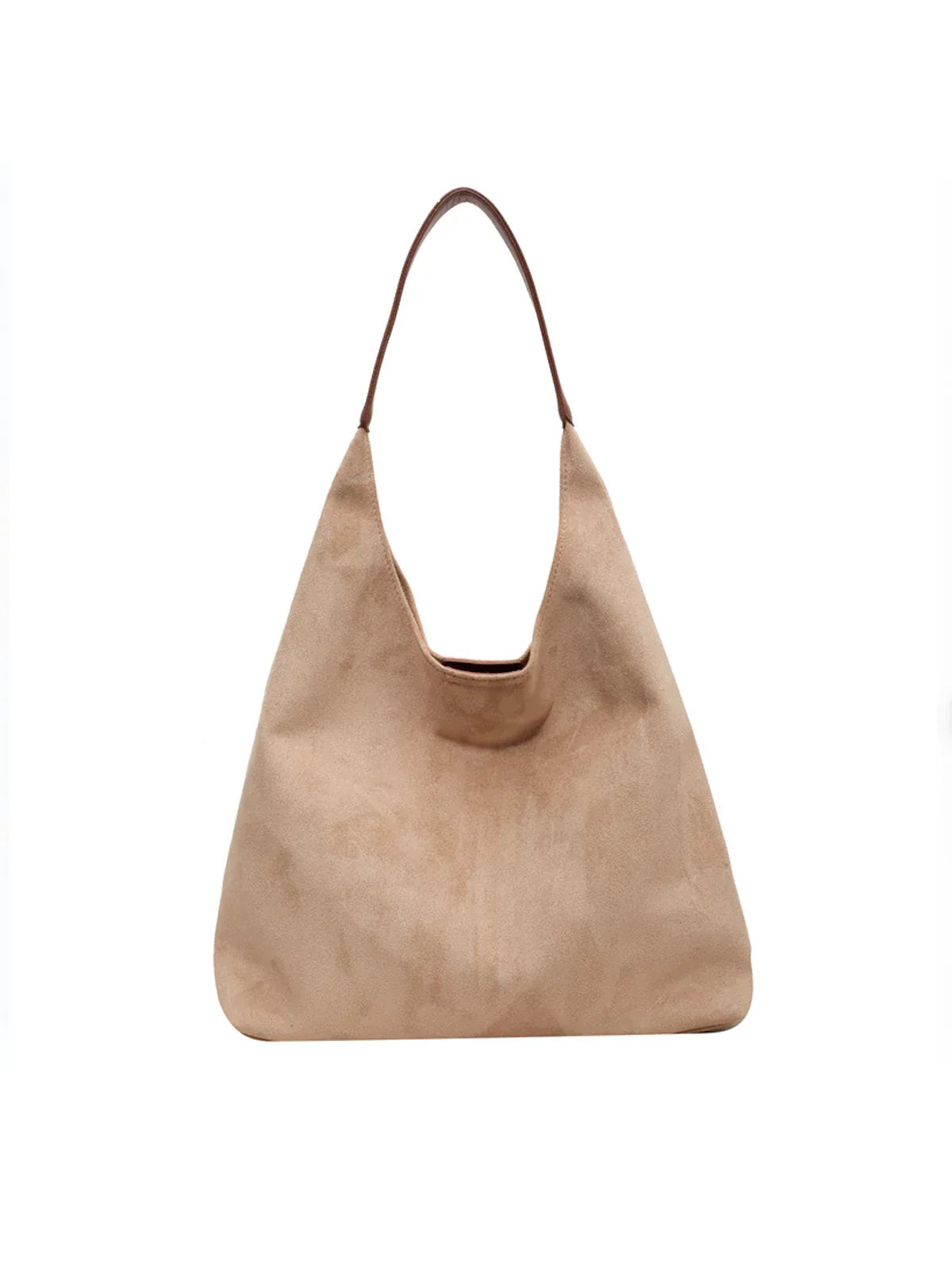 Earthy brown vegan suede tote bag with spacious interior and comfortable shoulder strap