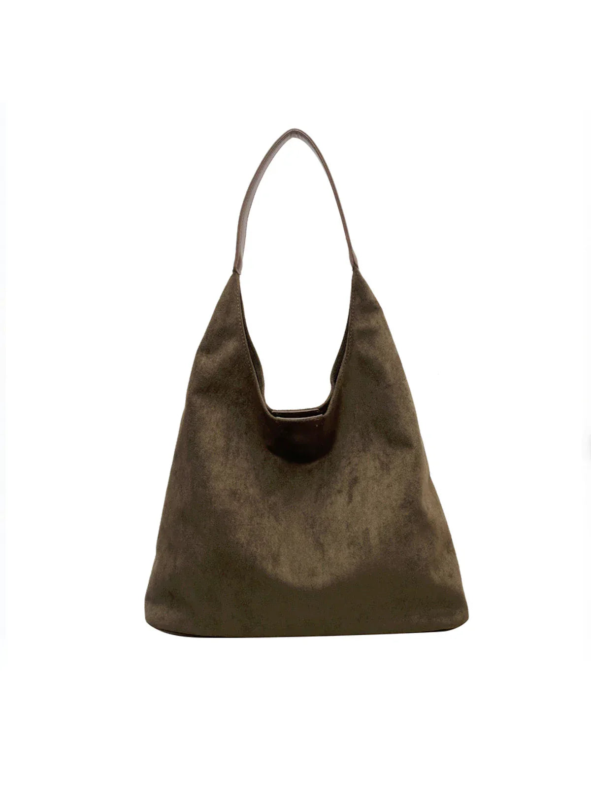 Earthy brown vegan suede tote bag with spacious interior and comfortable shoulder strap