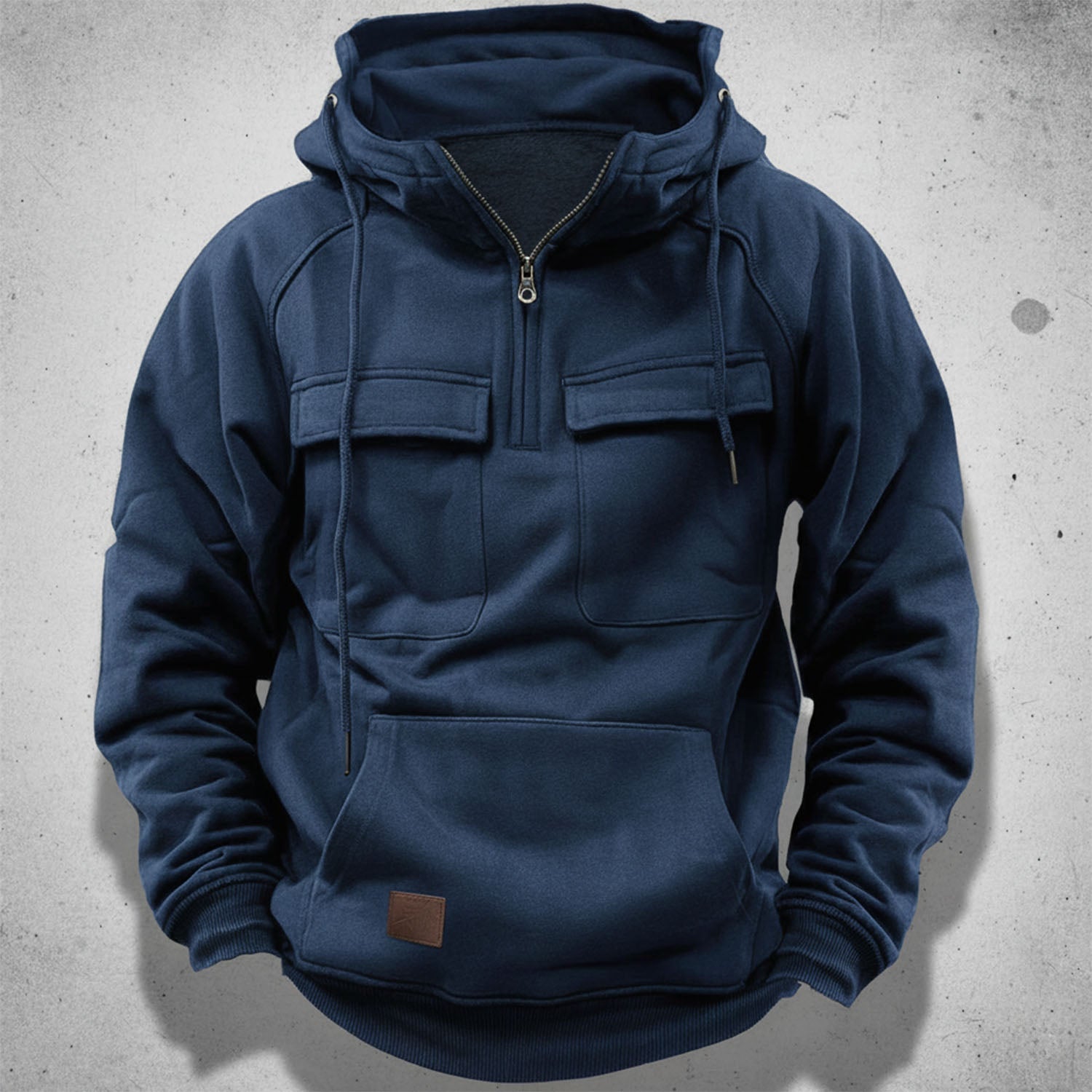 Men's grey relaxed fit quarter-zip hoodie with flap pockets and kangaroo pocket