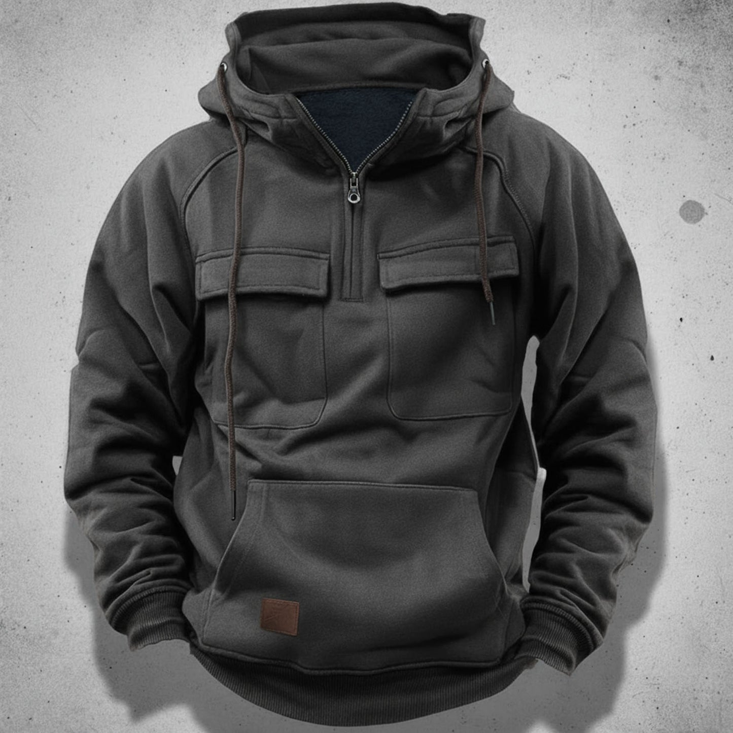 Men's gray relaxed fit quarter-zip hoodie with flap pockets and kangaroo pocket