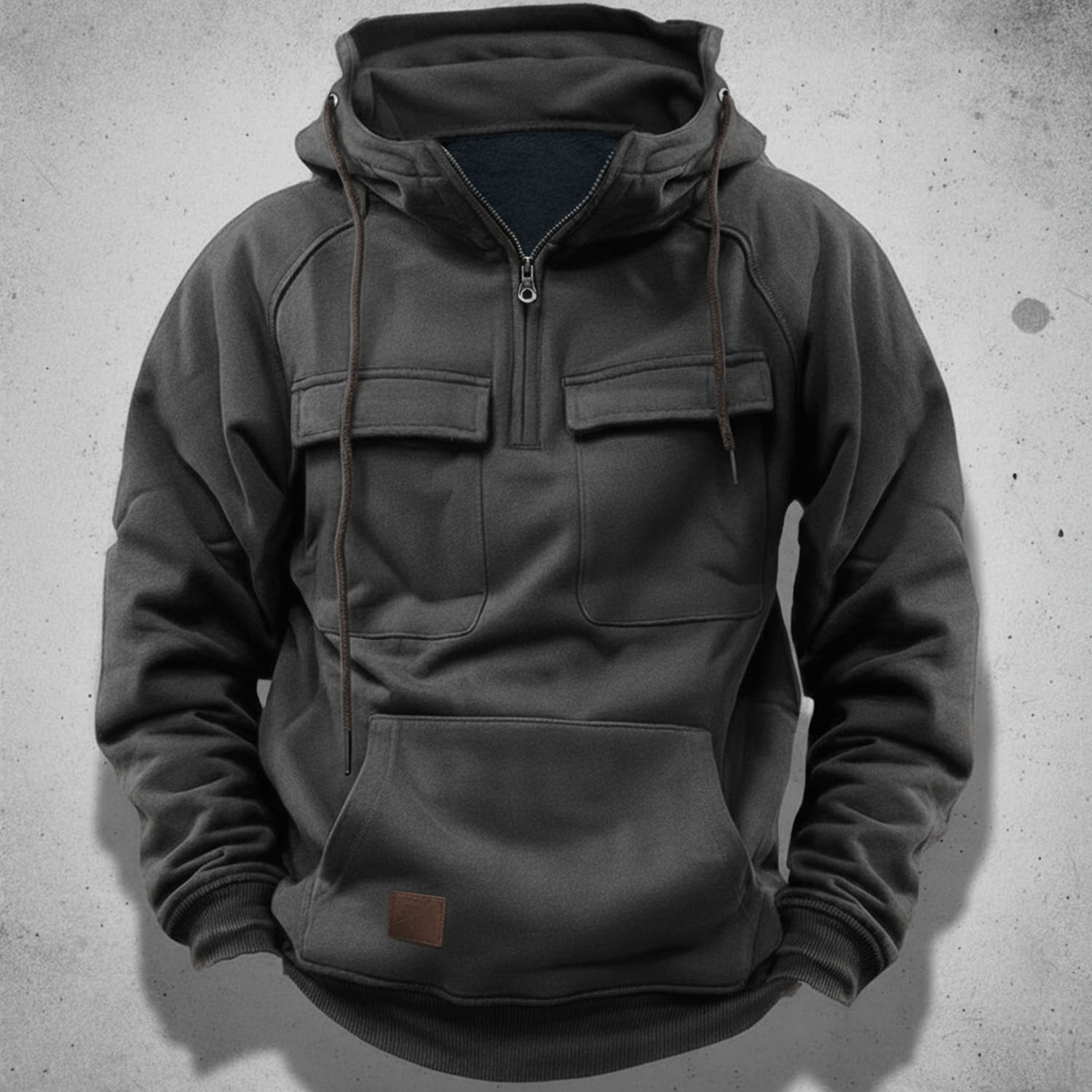 Men's gray relaxed fit quarter-zip hoodie with flap pockets and kangaroo pocket