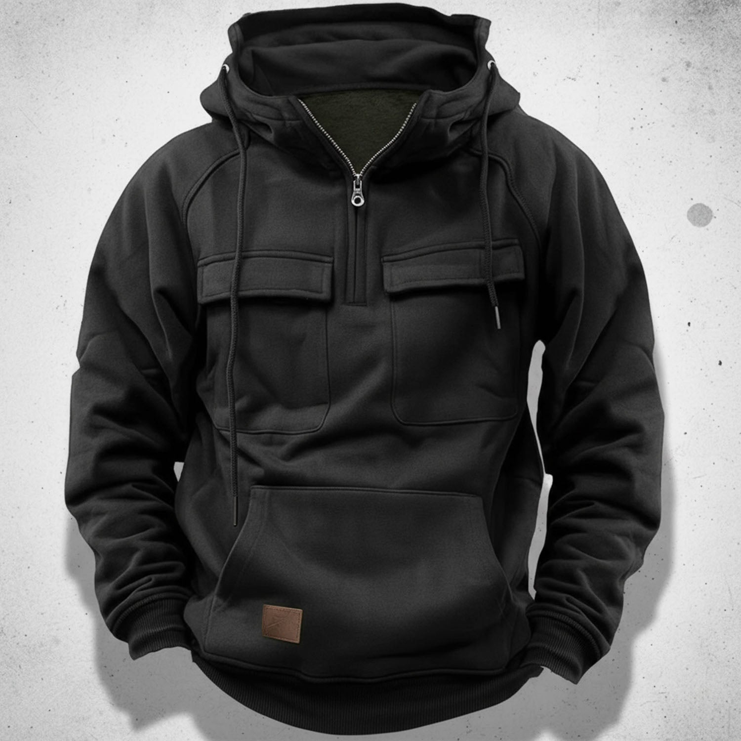 Men's relaxed fit quarter zip hoodie with flap pockets, kangaroo pocket, and adjustable hood