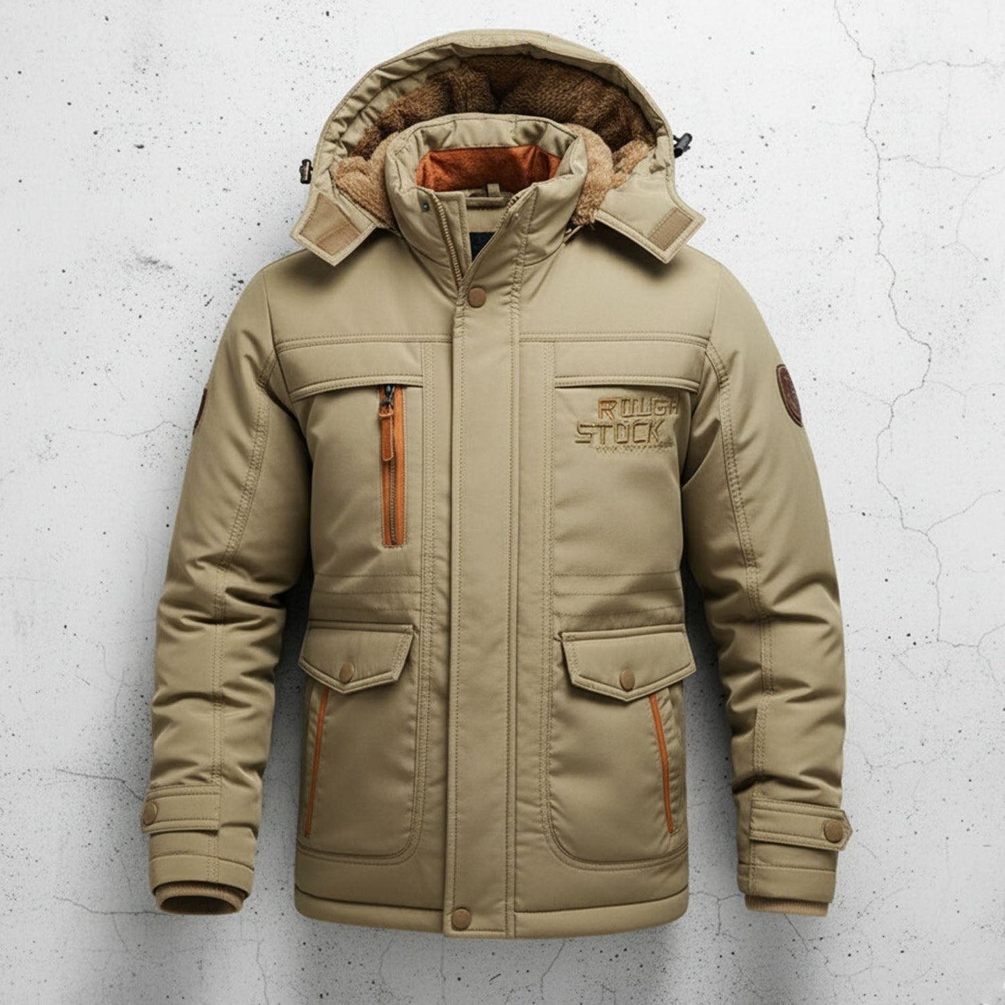 Men's dark hooded winter coat regular fit with cargo pockets, warm cold-weather outerwear