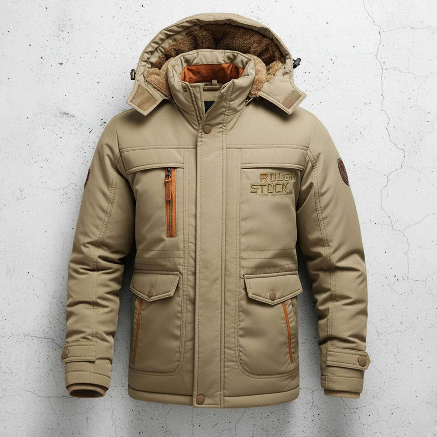 Men's dark hooded winter coat regular fit with cargo pockets, warm cold-weather outerwear