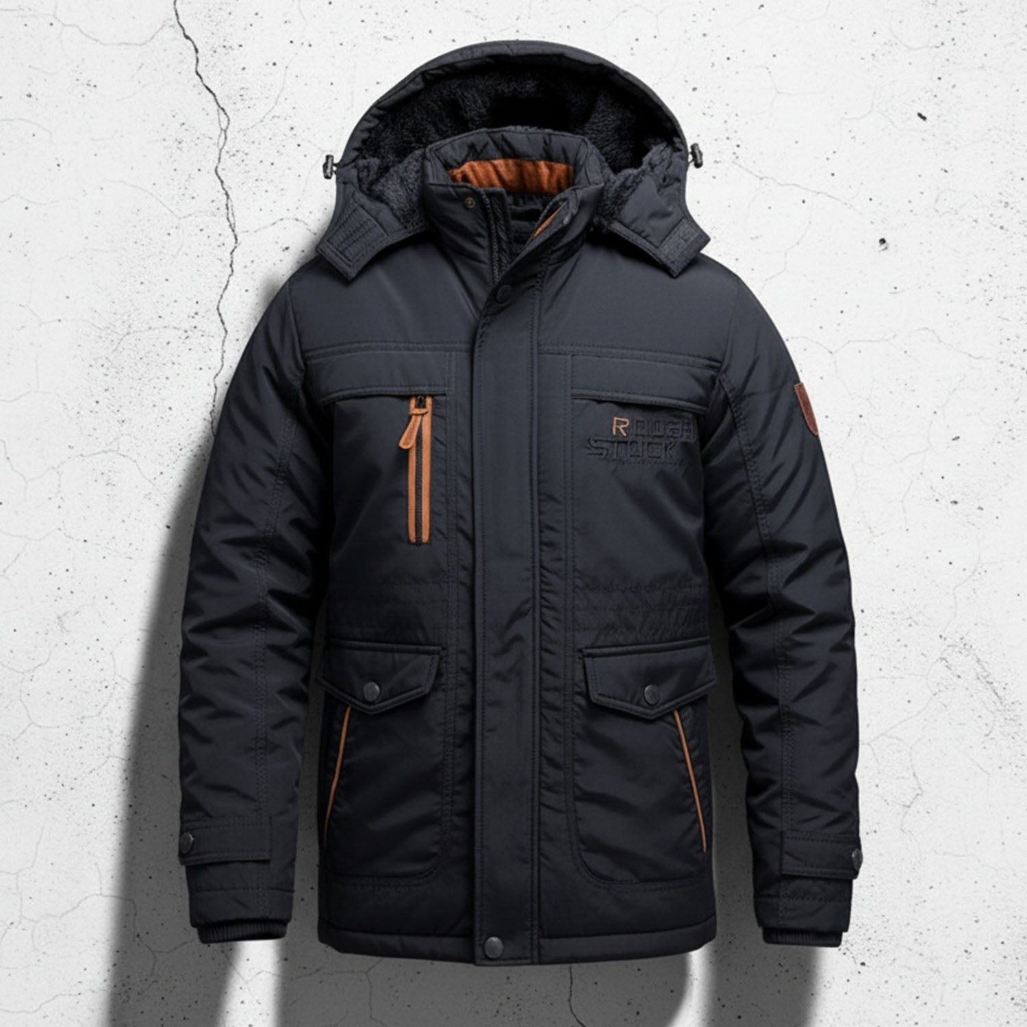 Men's navy hooded winter coat regular fit with cargo pockets, warm cold-weather outerwear