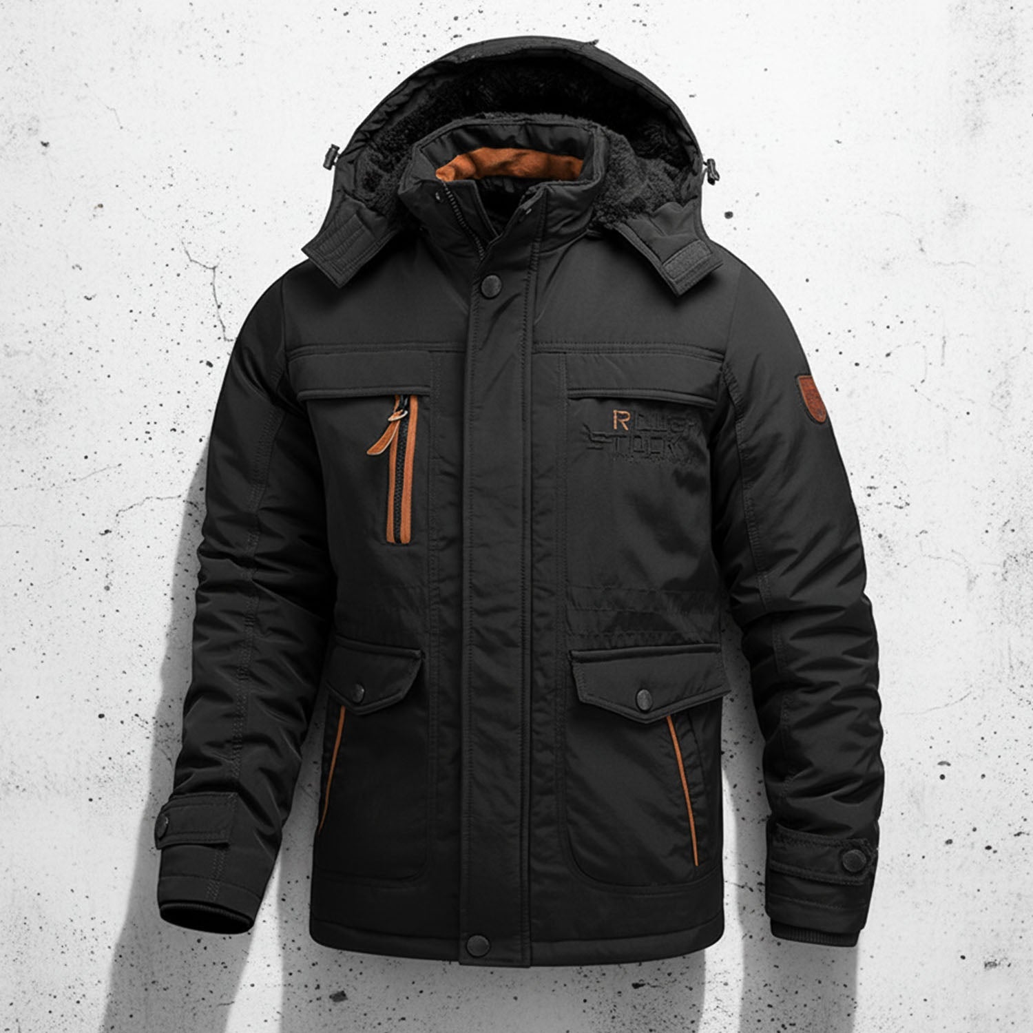 Men's dark hooded winter coat regular fit with cargo pockets, warm everyday outerwear