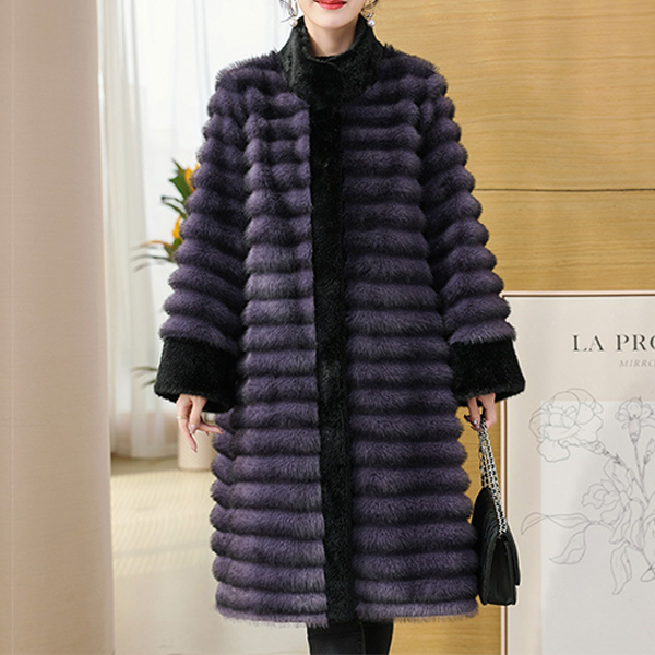 Women's relaxed fit fur coat with stand collar and fur trim, elegant formal winter outerwear
