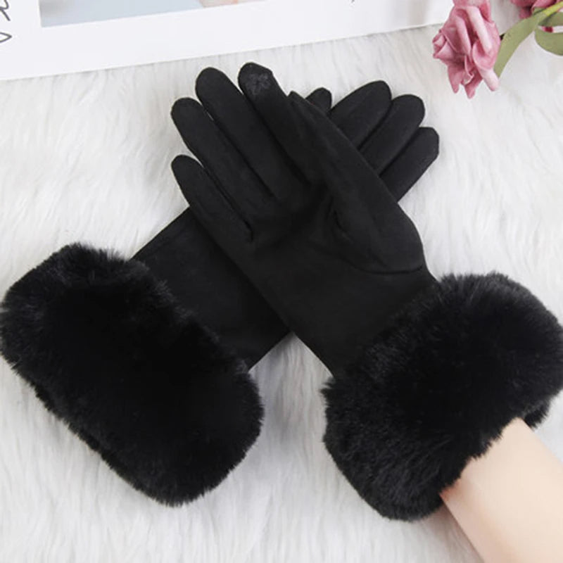 Women's faux fur winter gloves plush suede exterior with chic fur cuff trim for cold weather style