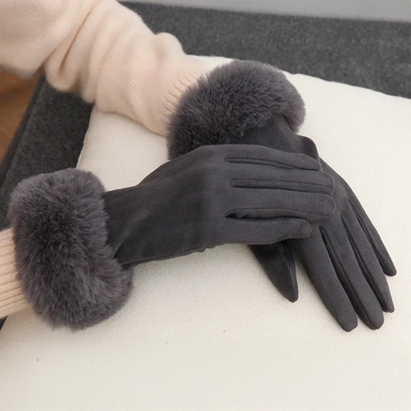 Women's faux fur winter gloves plush suede exterior with chic fur cuff trim for cold weather