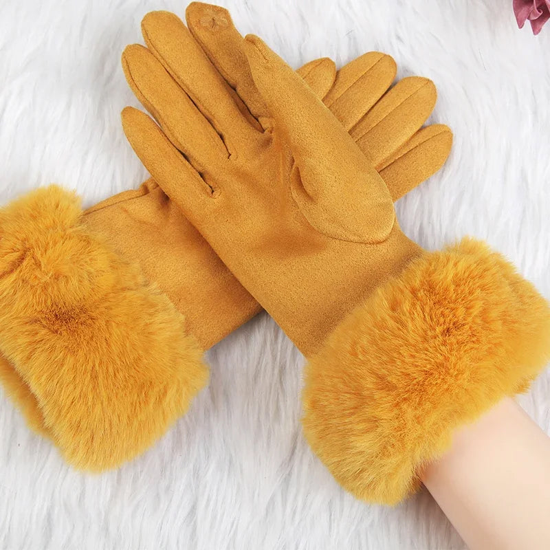 Women's faux fur winter gloves plush suede exterior chic fur cuff trim cold weather luxury