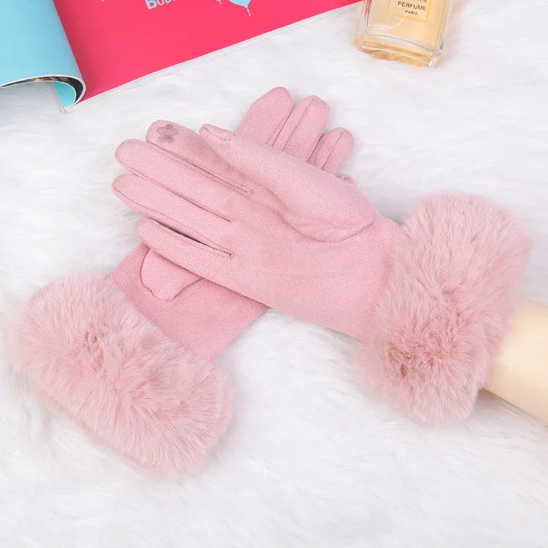Women's faux fur winter gloves plush suede exterior with chic fur cuff trim for cold weather