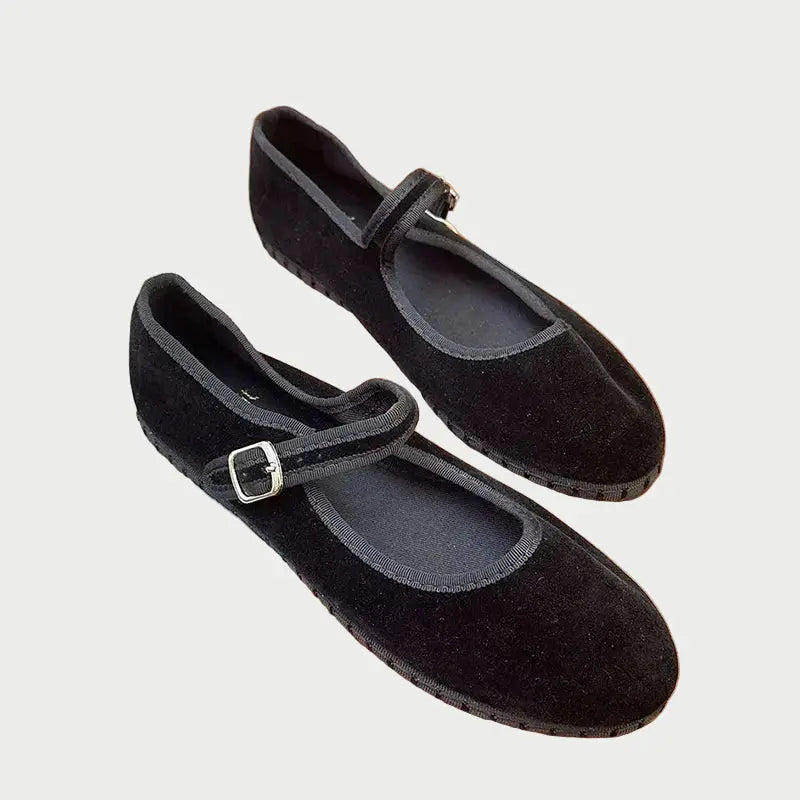 Women's velvet Mary Jane ballet flats in elegant classic design with adjustable strap for everyday wear