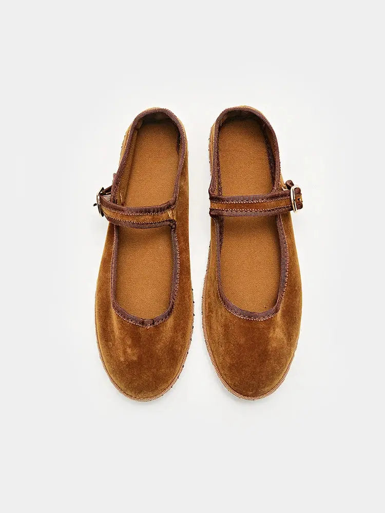 Women's velvet Mary Jane ballet flats in classic silhouette with elegant ankle strap closure