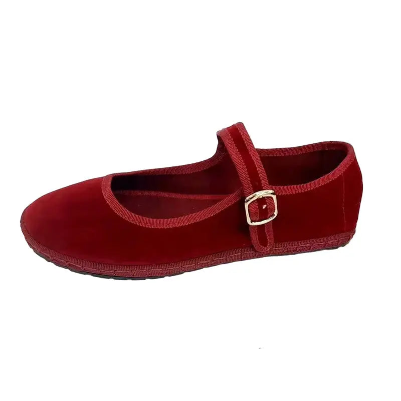 Women's velvet Mary Jane ballet flats in elegant classic silhouette with adjustable strap