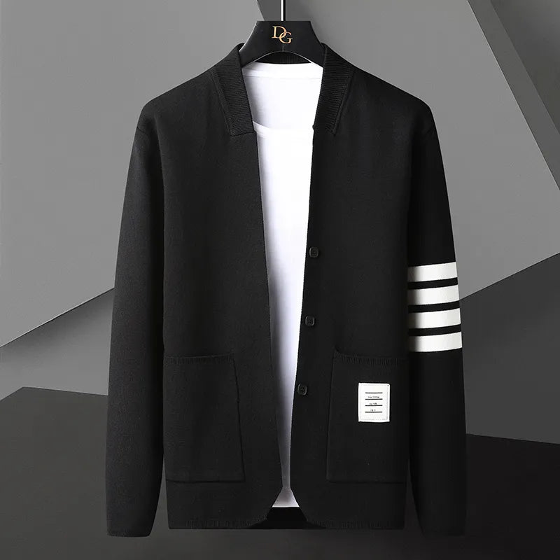 Women's striped cardigan soft midweight knit with athletic sleeve stripes minimalist modern prep style