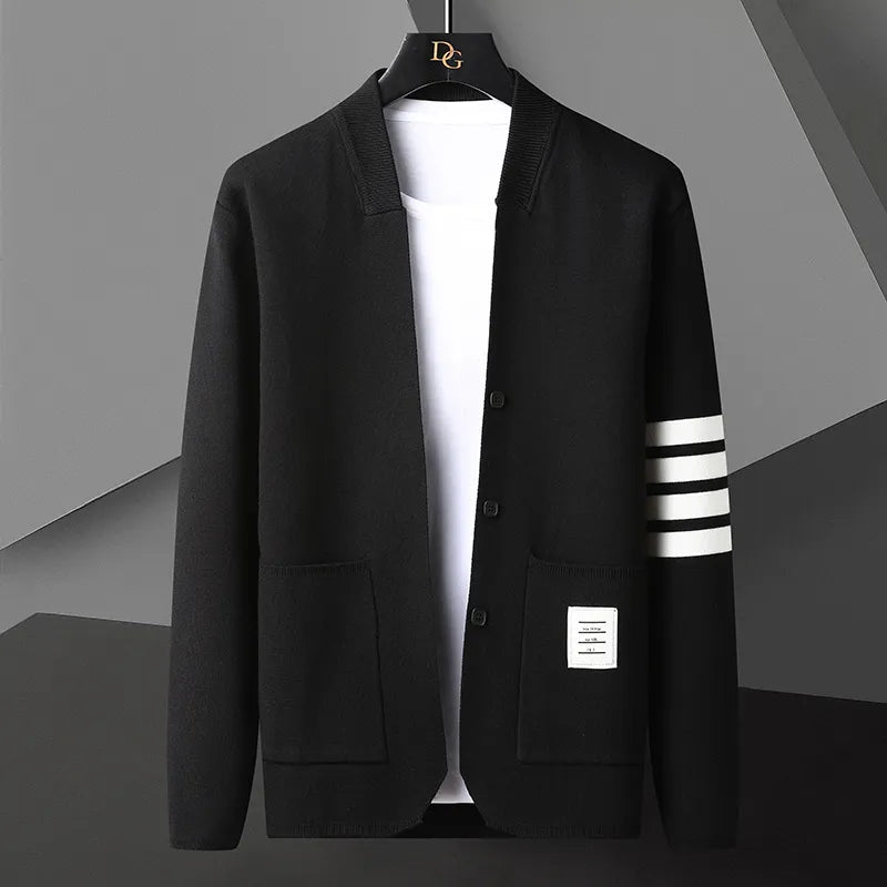 Women's striped cardigan soft midweight knit with athletic sleeve stripes minimalist modern prep style