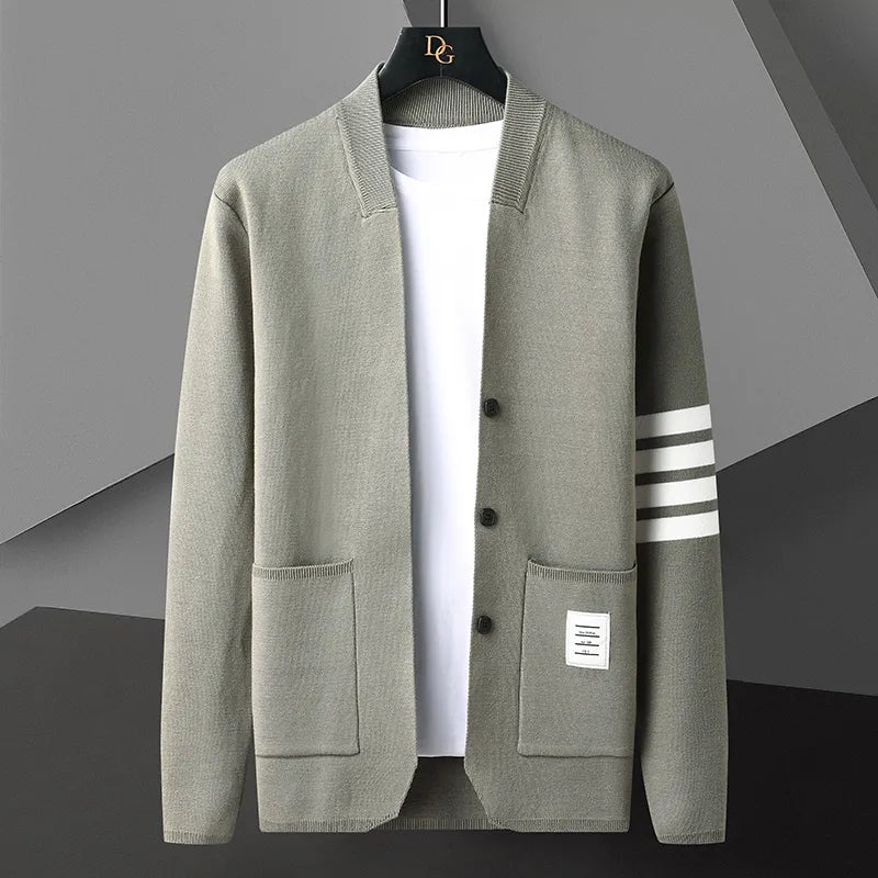 Women's striped cardigan soft midweight knit with athletic sleeve stripes minimalist modern layering essential