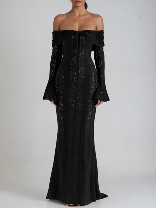 White floral lace off-shoulder maxi dress with sculpted silhouette and fluted cuffs