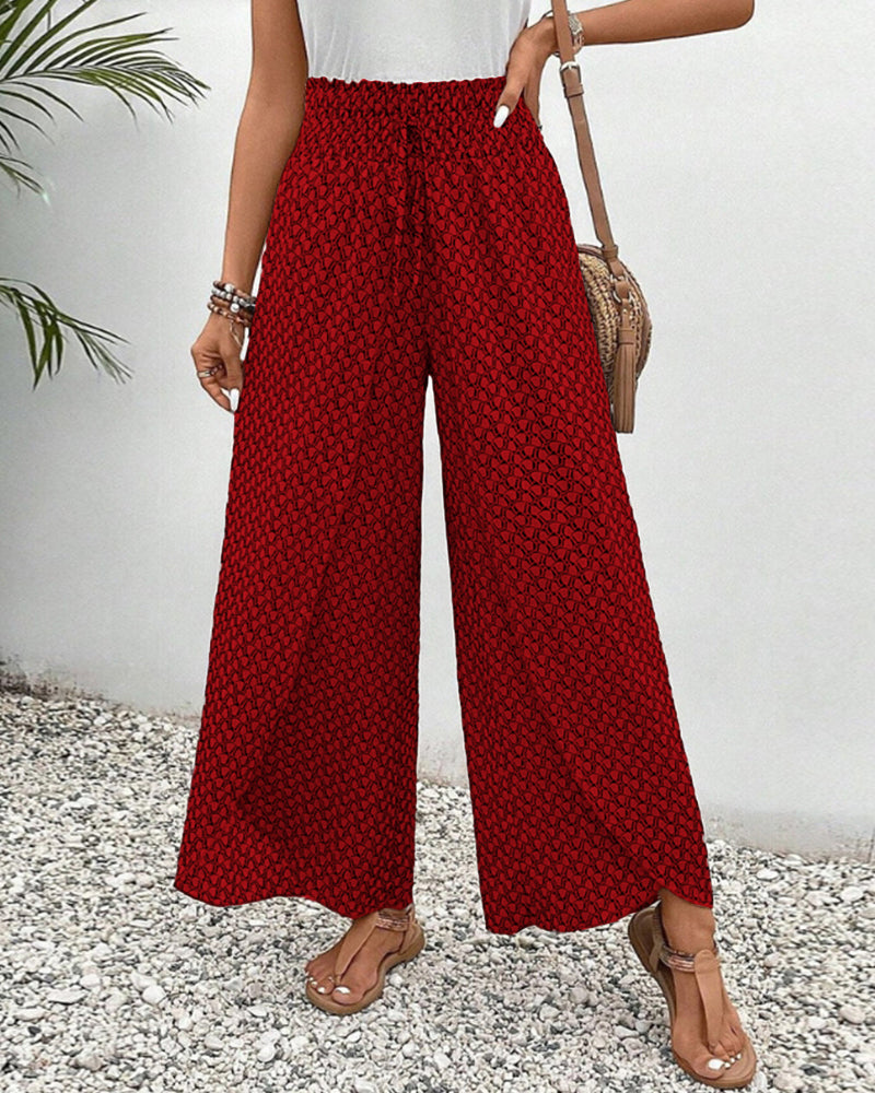 Women's cropped wide-leg pants, high waist geometric print, versatile office-to-weekend style