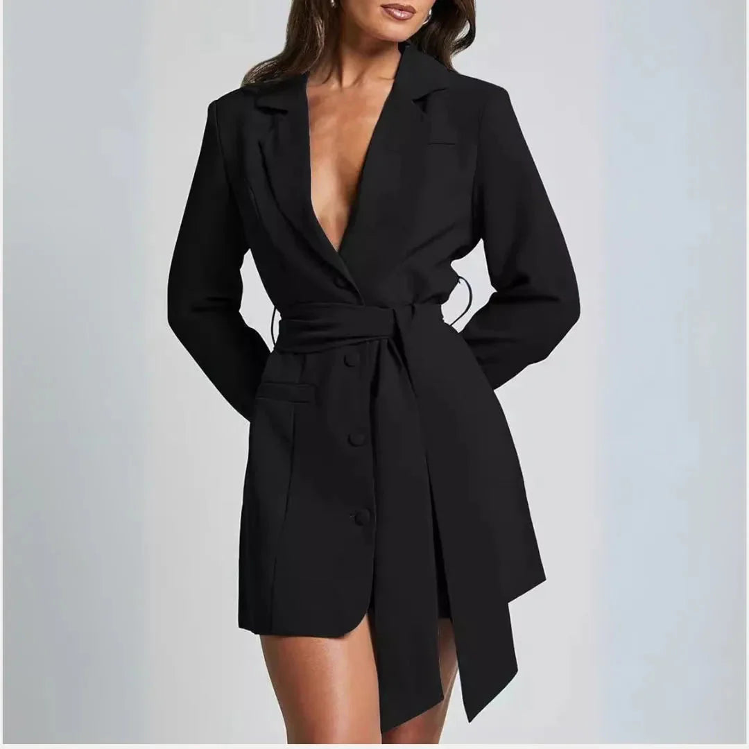 Black double-breasted blazer mini dress with removable waist belt, sleek professional silhouette