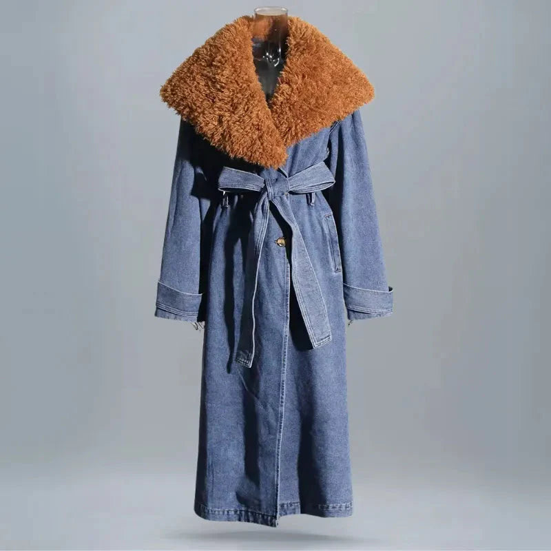 Women's longline denim coat faux fur oversized collar belted silhouette everyday luxe blue
