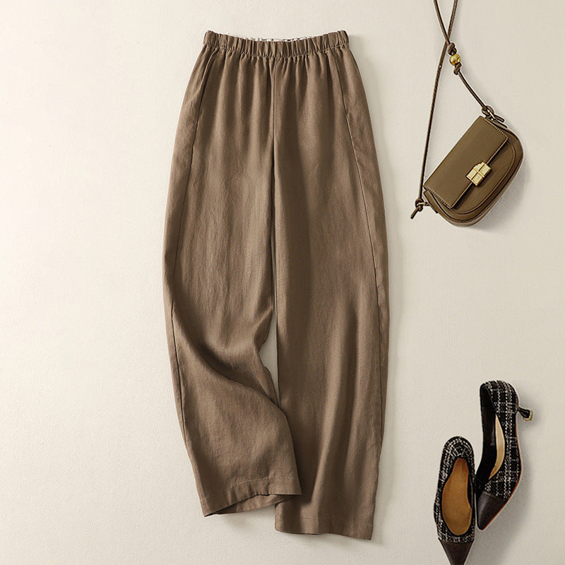 Women's beige linen blend straight leg pants elastic waist breathable office-to-evening minimalist fit