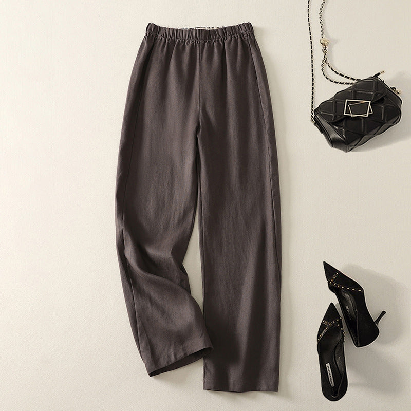 Women's beige linen blend straight leg pants elastic waist breathable office-to-evening minimalist style