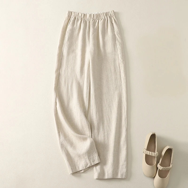 Women's beige linen blend straight leg pants elastic waist breathable office-to-evening minimalist style