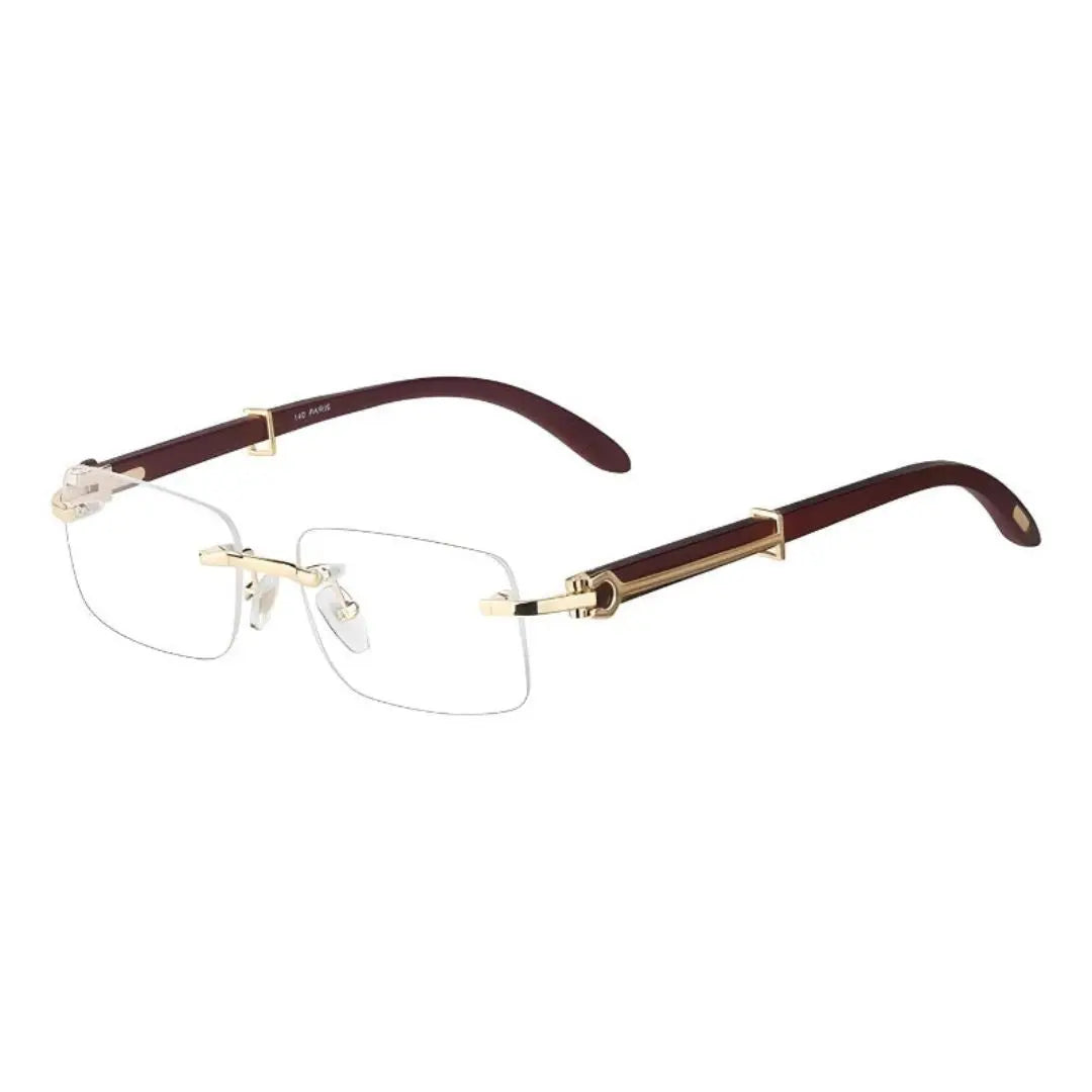 Verona Prestige rimless sunglasses unisex gold-tone frame polished oak arms lightweight minimalist