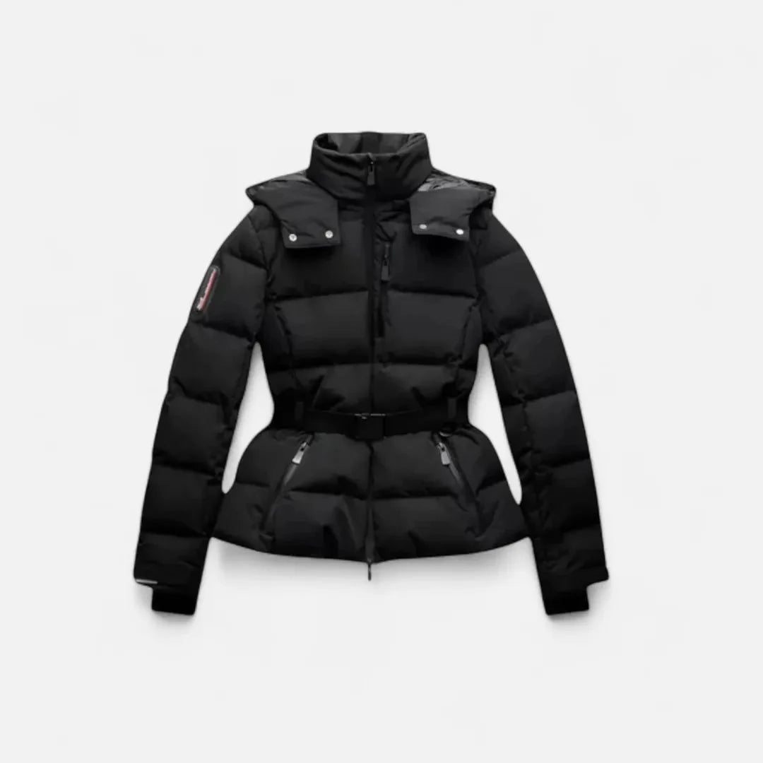Women's lightweight belted puffer jacket with water-resistant shell and flattering cinched waist silhouette