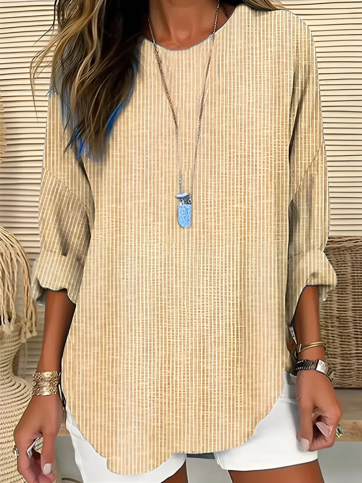 Women's lightweight vertical striped blouse long sleeve top with roll-tab sleeves for effortless layering