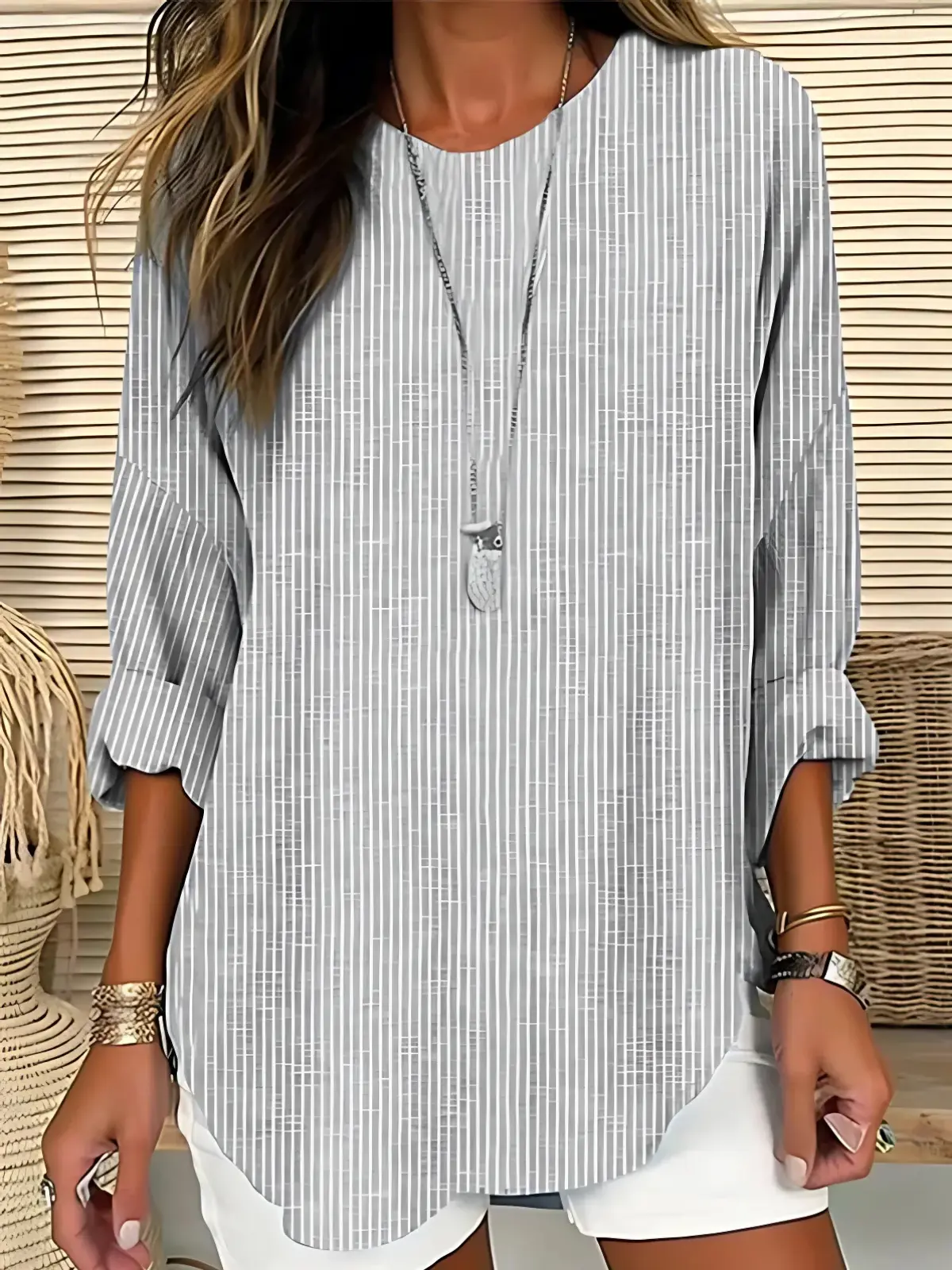 Women's lightweight vertical striped blouse, long sleeve top with roll-tab sleeves for effortless layering