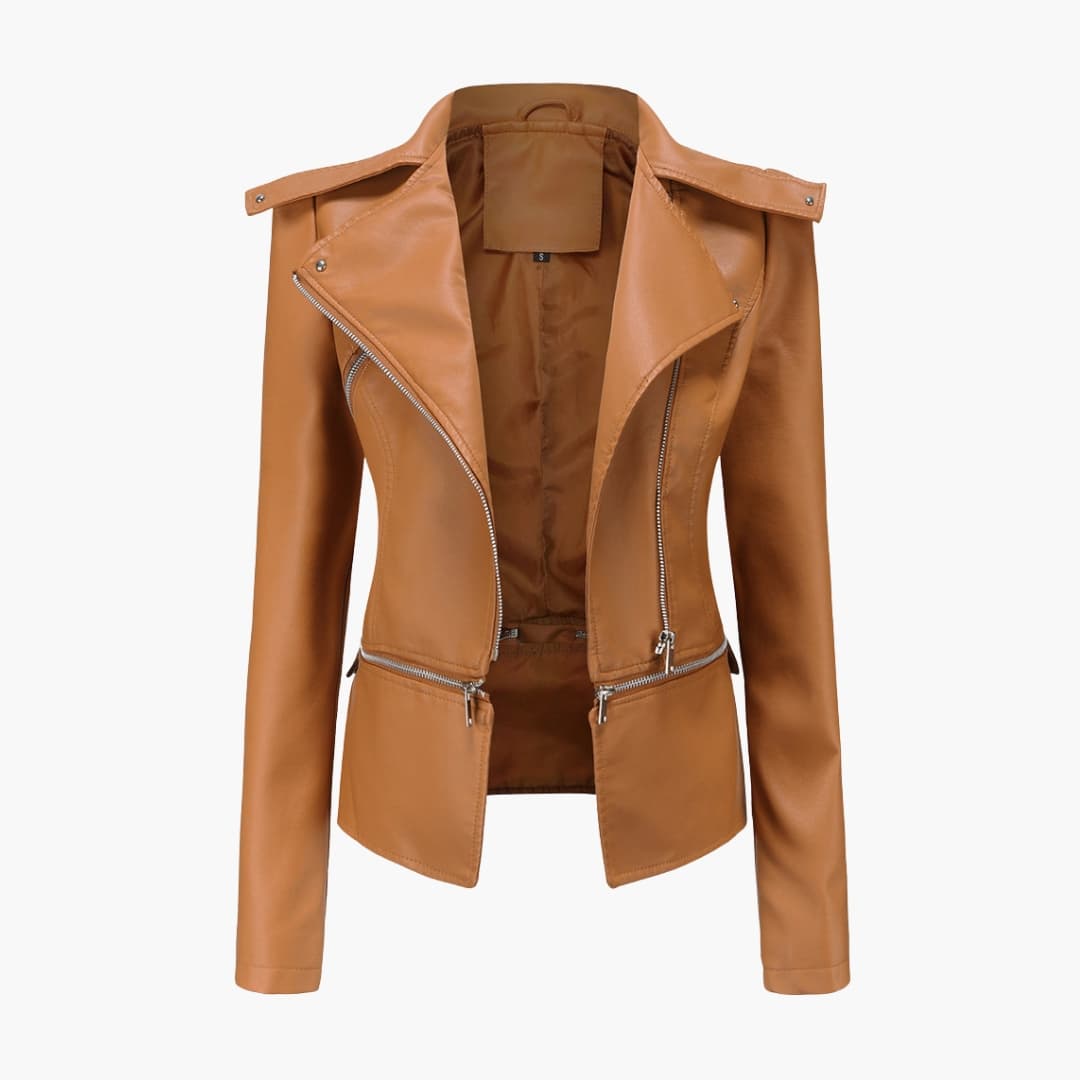 Women's slim fit biker jacket with notched collar, diagonal front zip, and zipped pockets