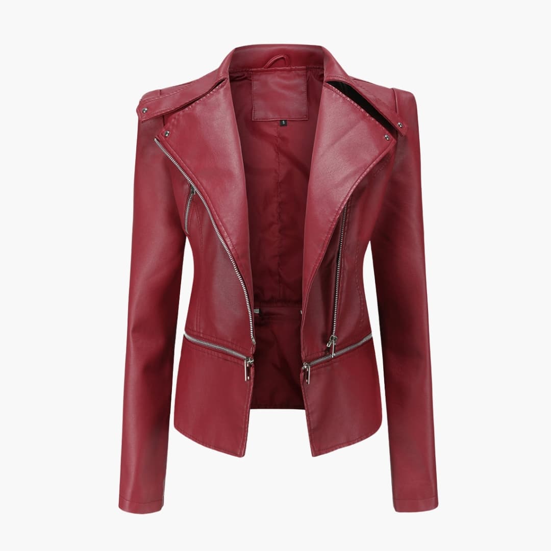 Women's slim fit biker jacket with notched collar, diagonal front zip, and zipped pockets