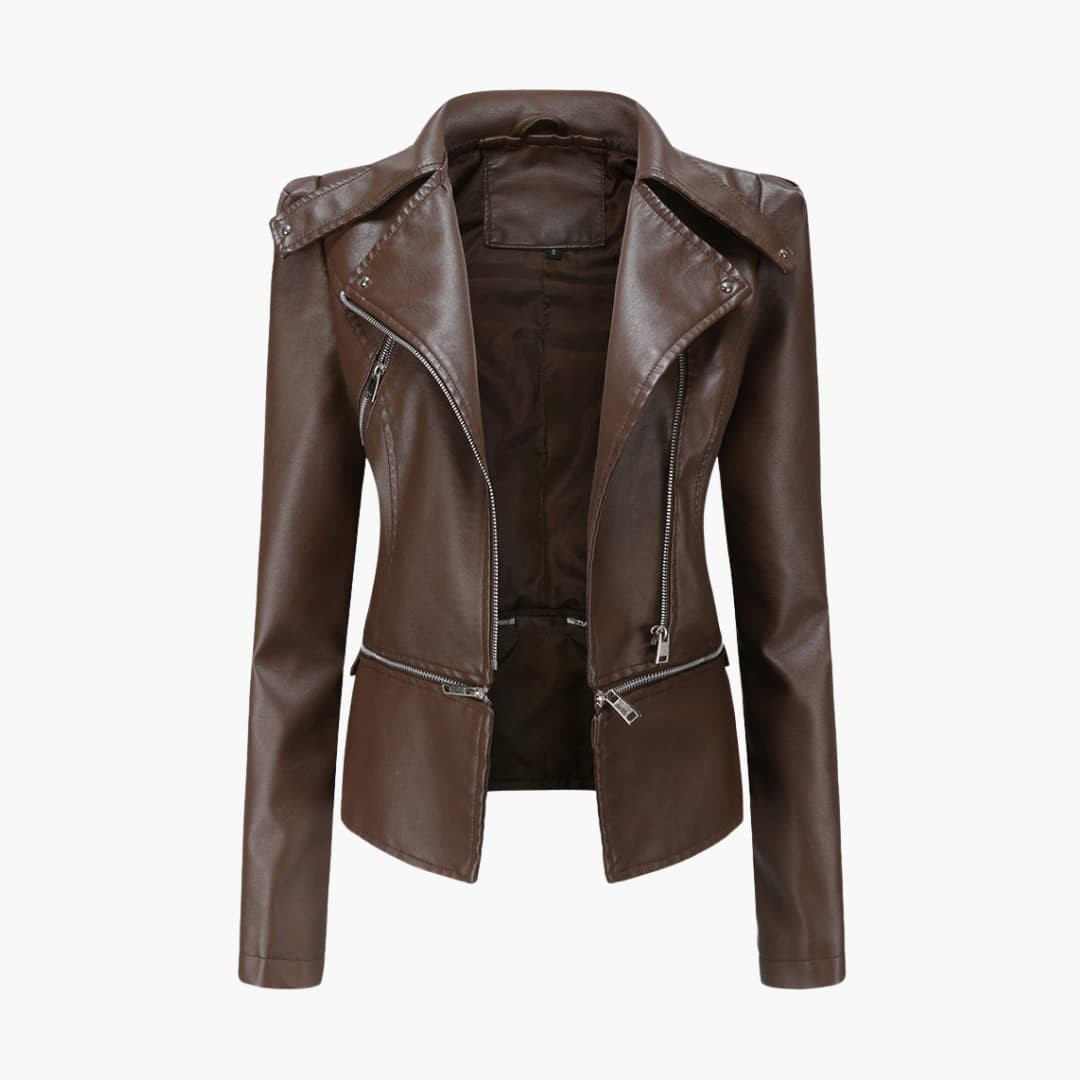 Women's slim fit biker jacket with notched collar, diagonal front zip, and zipped pockets