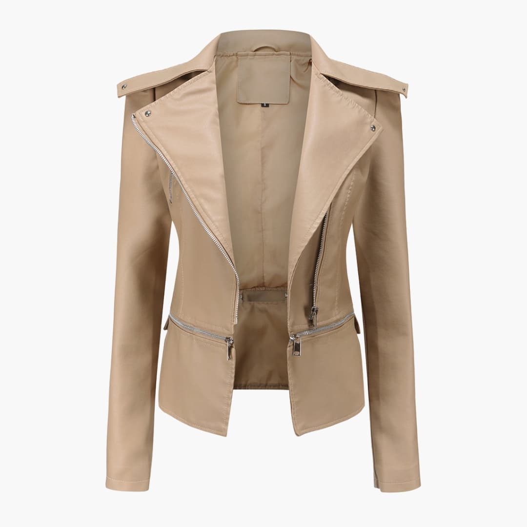 Women's slim fit biker jacket with notched collar, diagonal front zip, and zipped pockets