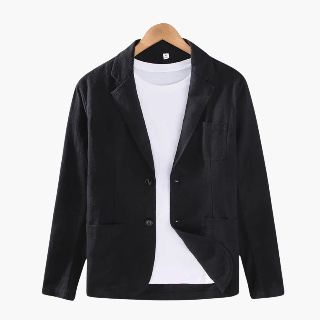 Men's navy slim-fit blazer jacket with notched lapel collar, two-button closure, three-pocket professional style