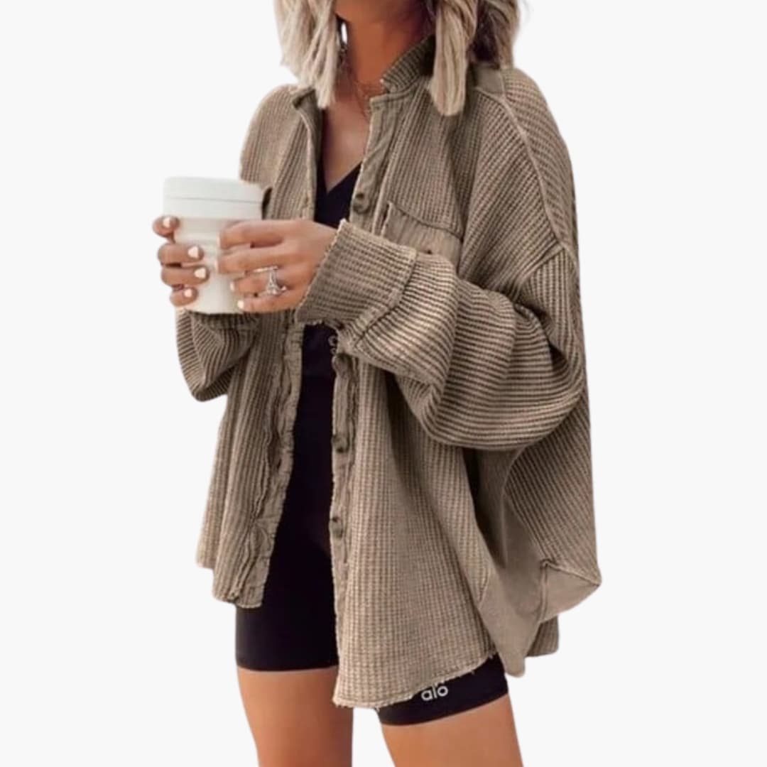 Women's oversized textured knit shirt jacket with full button closure for effortless layering