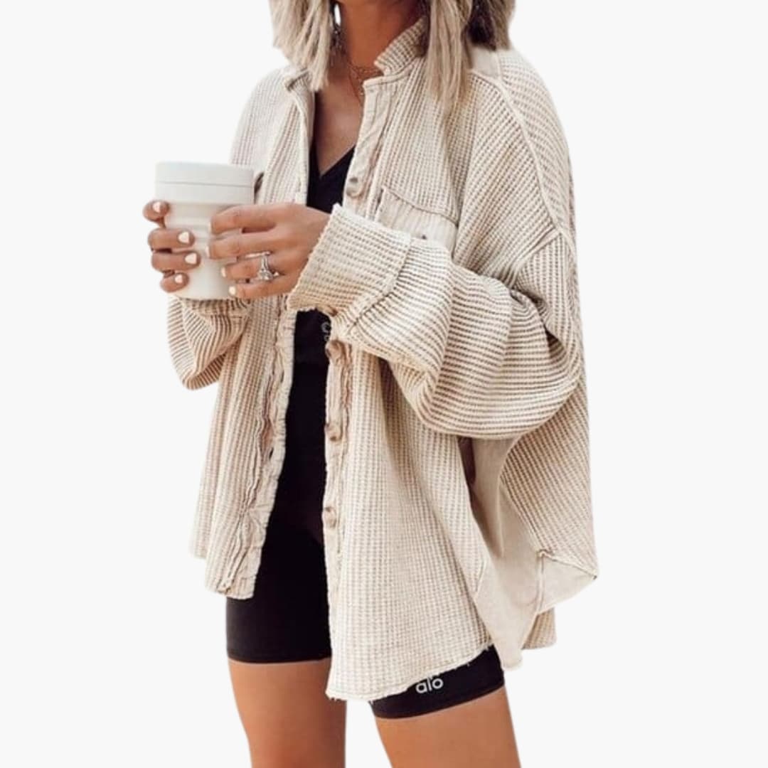Women's oversized textured knit shirt jacket with full button closure for effortless layering