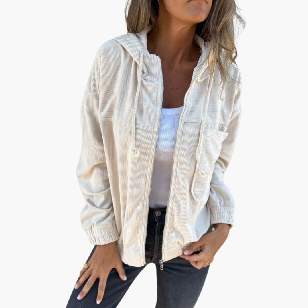 Women's lightweight ribbed jacket with front zipper, adjustable hem, clean silhouette versatile layering piece