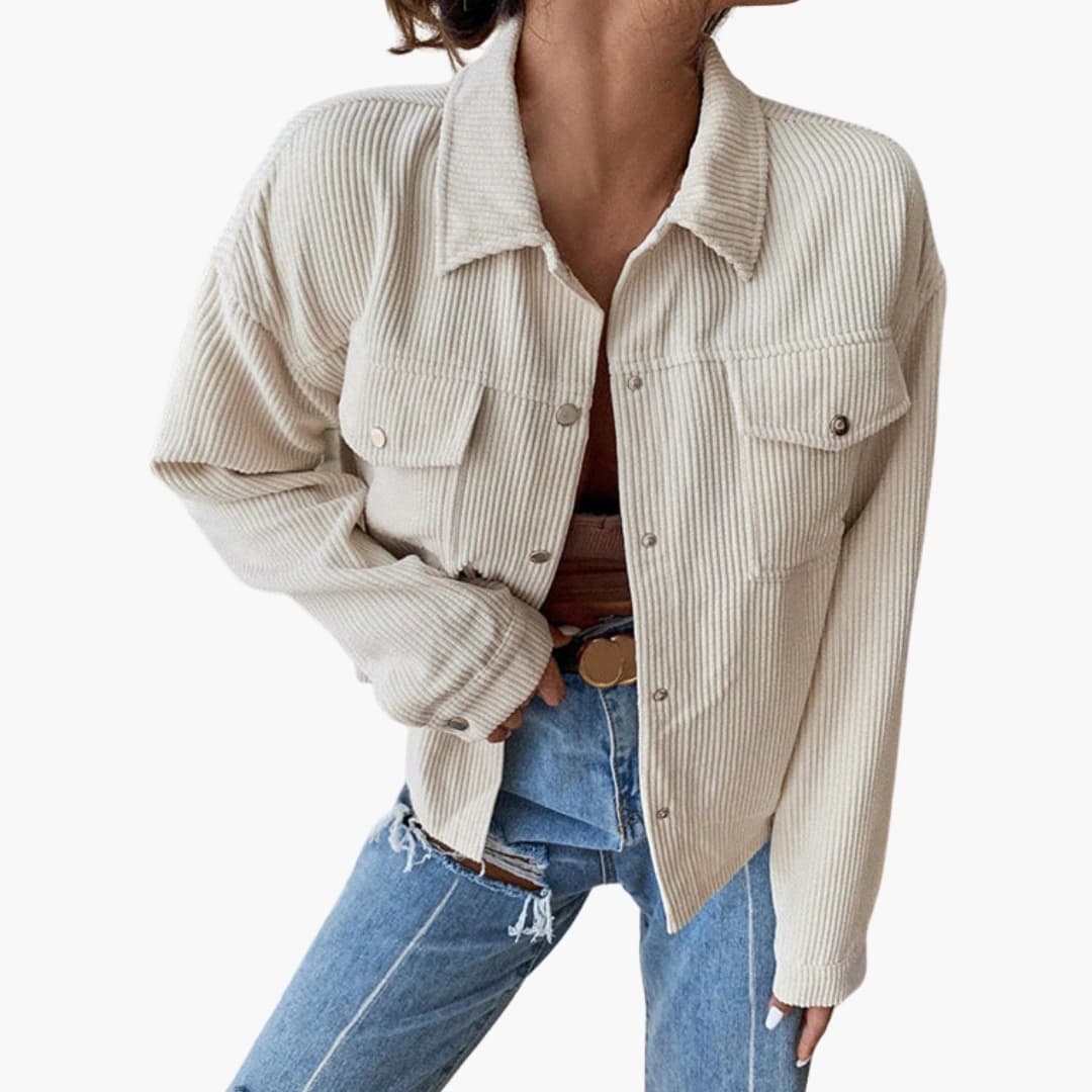 Ribbed women's jacket structured fit front button closure chest pockets versatile everyday essential