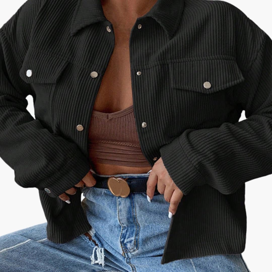 Women's ribbed structured jacket with front button closure, chest pockets, straight cut everyday essential